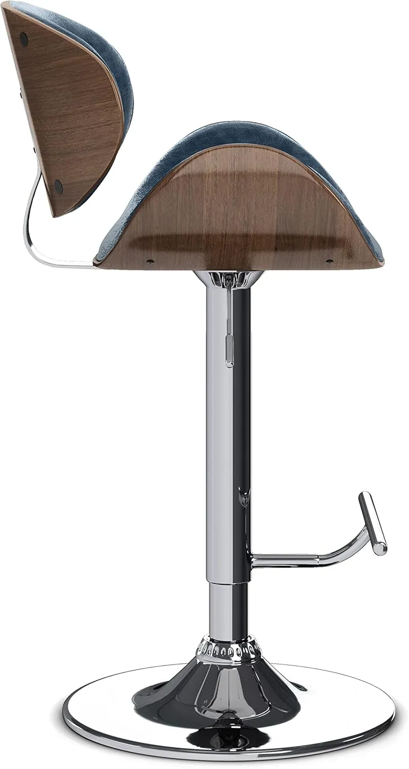 SIMPLIHOME Marana Adjustable Swivel Bar Stool - 33 inch Seat Height Upholstered Metal Bar Chair in Distressed Blue Vegan Faux Leather, Mid Century Seating for Kitchen or Bar with Curved Bentwood Back