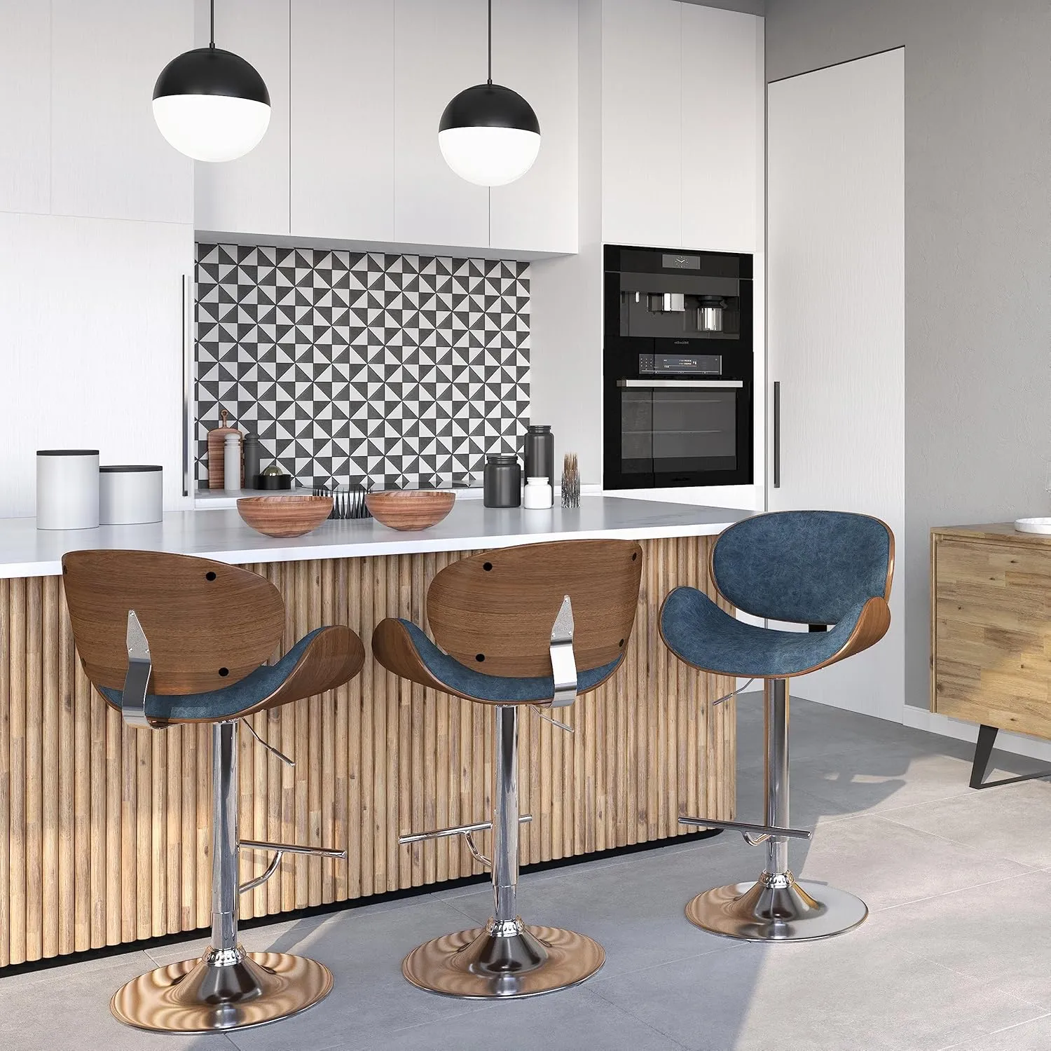 SIMPLIHOME Marana Adjustable Swivel Bar Stool - 33 inch Seat Height Upholstered Metal Bar Chair in Distressed Blue Vegan Faux Leather, Mid Century Seating for Kitchen or Bar with Curved Bentwood Back