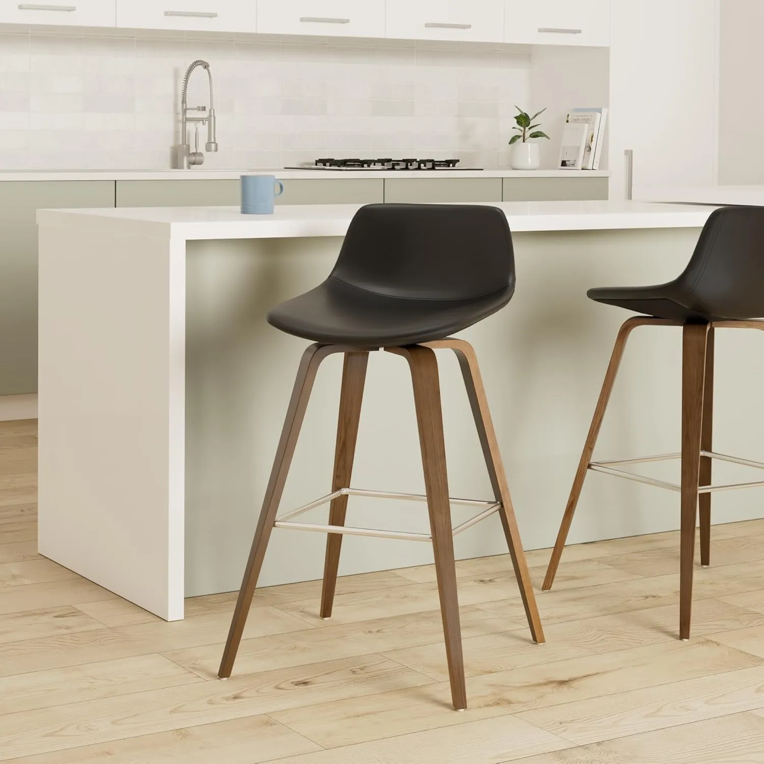 SIMPLIHOME Randolph Counter Stools (Set of 2) - 28 Inch Seat Height Upholstered Bentwood Kitchen Seats in Black Vegan Faux Leather, Mid Century Modern Seating with Curved Backrest and Chrome Footrest