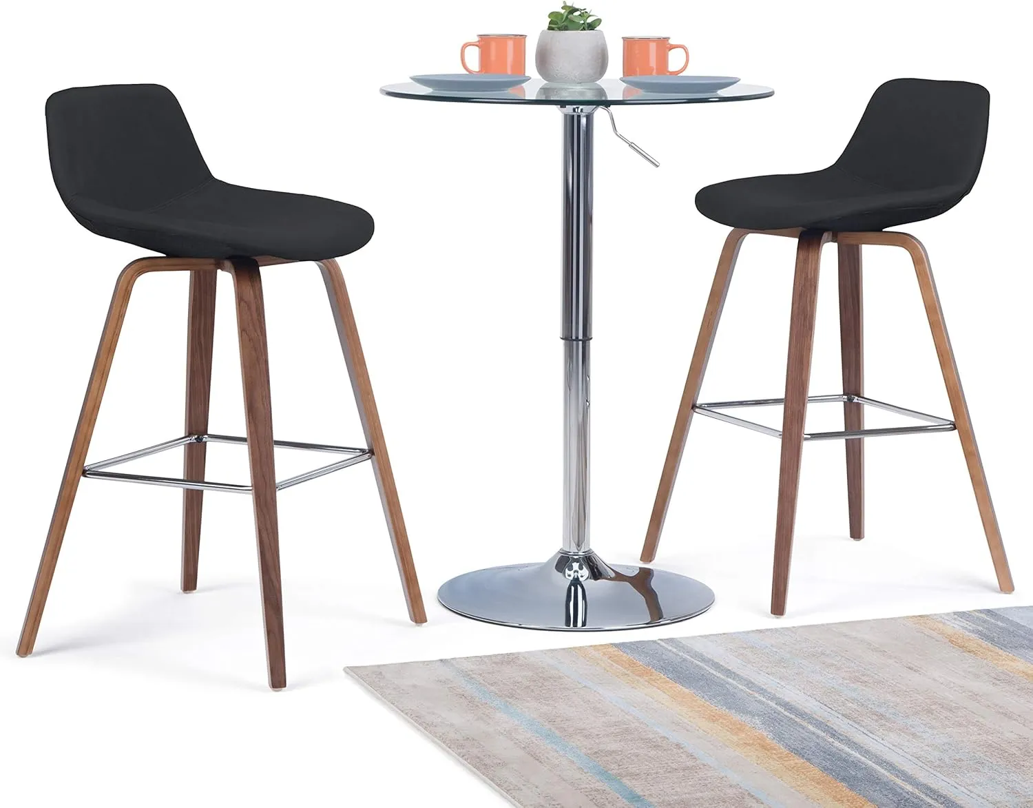 SIMPLIHOME Randolph Counter Stools (Set of 2) - 28 Inch Seat Height Upholstered Bentwood Kitchen Seats in Black Vegan Faux Leather, Mid Century Modern Seating with Curved Backrest and Chrome Footrest