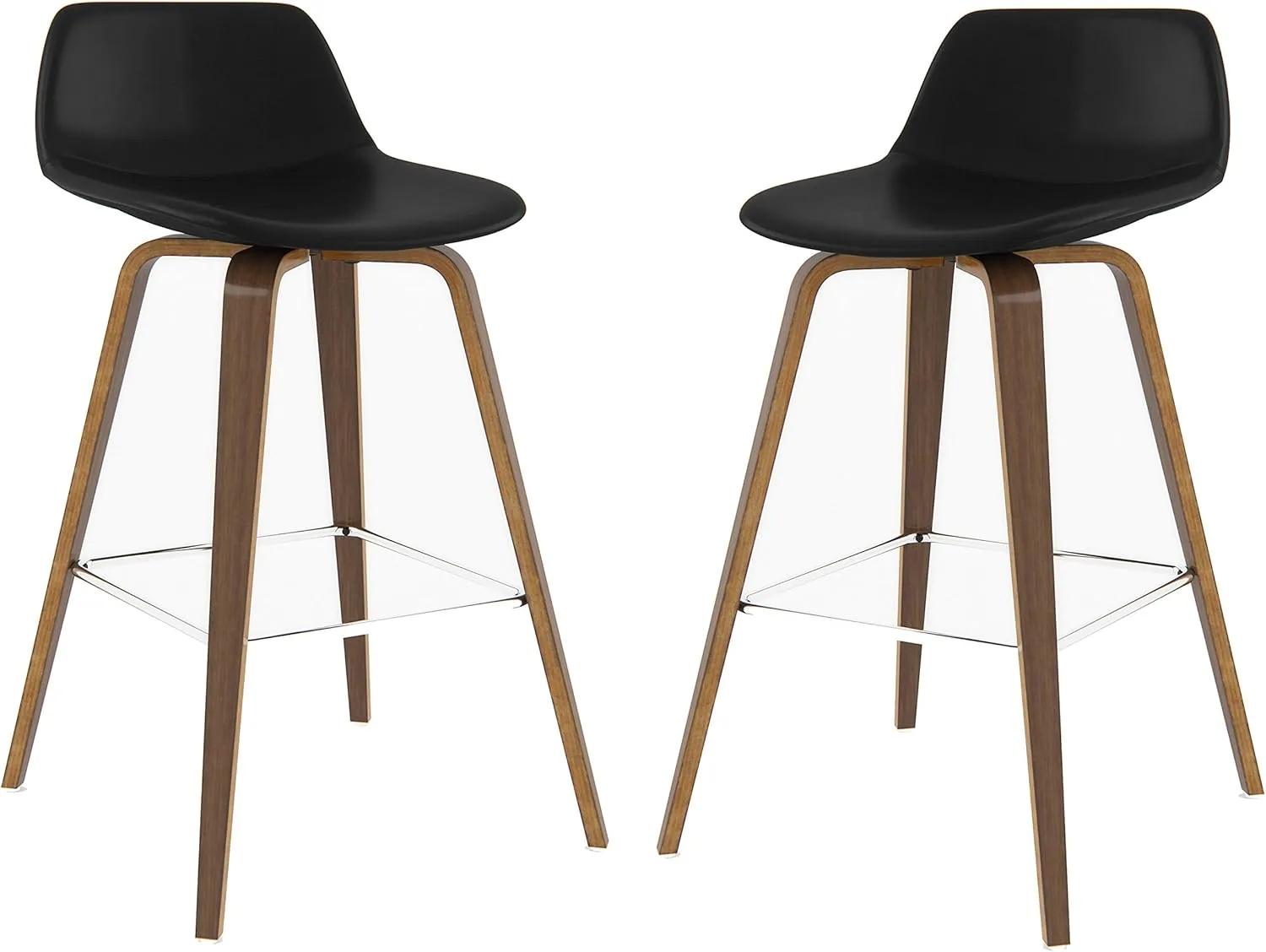 SIMPLIHOME Randolph Counter Stools (Set of 2) - 28 Inch Seat Height Upholstered Bentwood Kitchen Seats in Black Vegan Faux Leather, Mid Century Modern Seating with Curved Backrest and Chrome Footrest