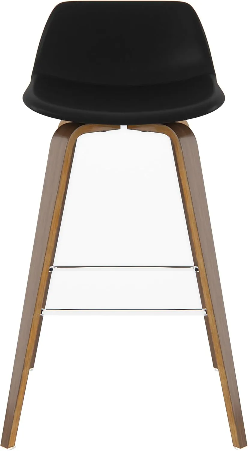 SIMPLIHOME Randolph Counter Stools (Set of 2) - 28 Inch Seat Height Upholstered Bentwood Kitchen Seats in Black Vegan Faux Leather, Mid Century Modern Seating with Curved Backrest and Chrome Footrest