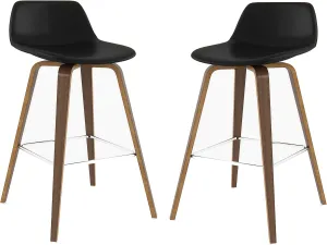 SIMPLIHOME Randolph Counter Stools (Set of 2) - 28 Inch Seat Height Upholstered Bentwood Kitchen Seats in Black Vegan Faux Leather, Mid Century Modern Seating with Curved Backrest and Chrome Footrest