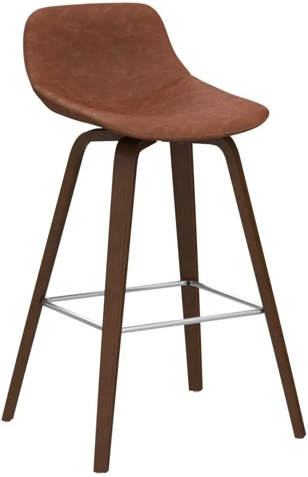 SIMPLIHOME Randolph Counter Stools (Set of 2) - 28 Inch Seat Height Upholstered Bentwood Kitchen Seats in Deep Tan Vegan Faux Leather, Mid Century Modern Seating with Curved Backrest and Footrest