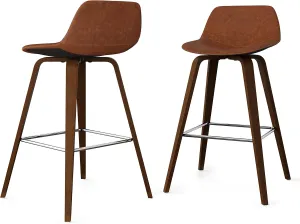 SIMPLIHOME Randolph Counter Stools (Set of 2) - 28 Inch Seat Height Upholstered Bentwood Kitchen Seats in Deep Tan Vegan Faux Leather, Mid Century Modern Seating with Curved Backrest and Footrest