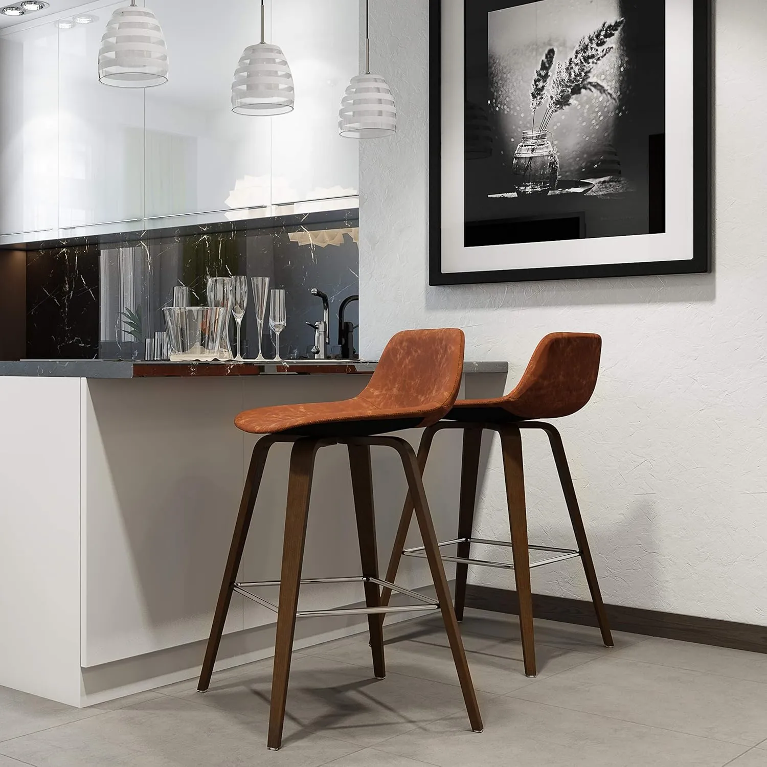 SIMPLIHOME Randolph Counter Stools (Set of 2) - 28 Inch Seat Height Upholstered Bentwood Kitchen Seats in Deep Tan Vegan Faux Leather, Mid Century Modern Seating with Curved Backrest and Footrest