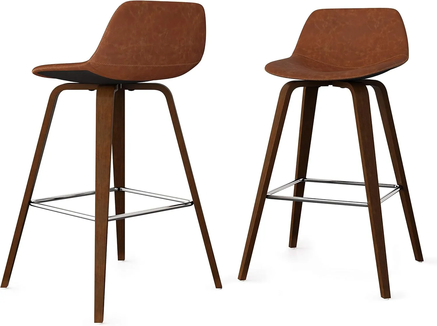 SIMPLIHOME Randolph Counter Stools (Set of 2) - 28 Inch Seat Height Upholstered Bentwood Kitchen Seats in Deep Tan Vegan Faux Leather, Mid Century Modern Seating with Curved Backrest and Footrest