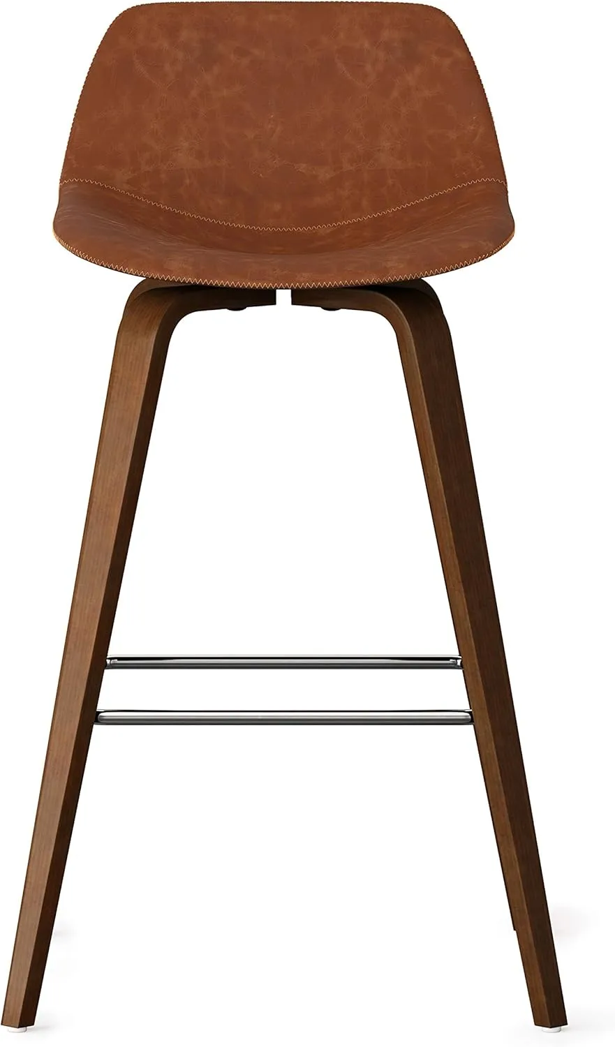 SIMPLIHOME Randolph Counter Stools (Set of 2) - 28 Inch Seat Height Upholstered Bentwood Kitchen Seats in Deep Tan Vegan Faux Leather, Mid Century Modern Seating with Curved Backrest and Footrest