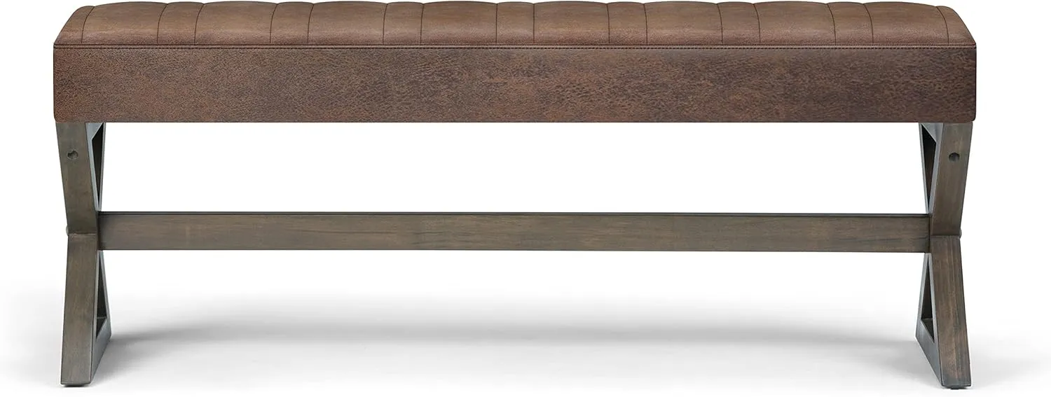 SIMPLIHOME Salinger 48 inch Wide Contemporary Modern Rectangle Ottoman Bench in Distressed Chestnut Brown Vegan Faux Leather, Assembled, For the Living Room and Bedroom