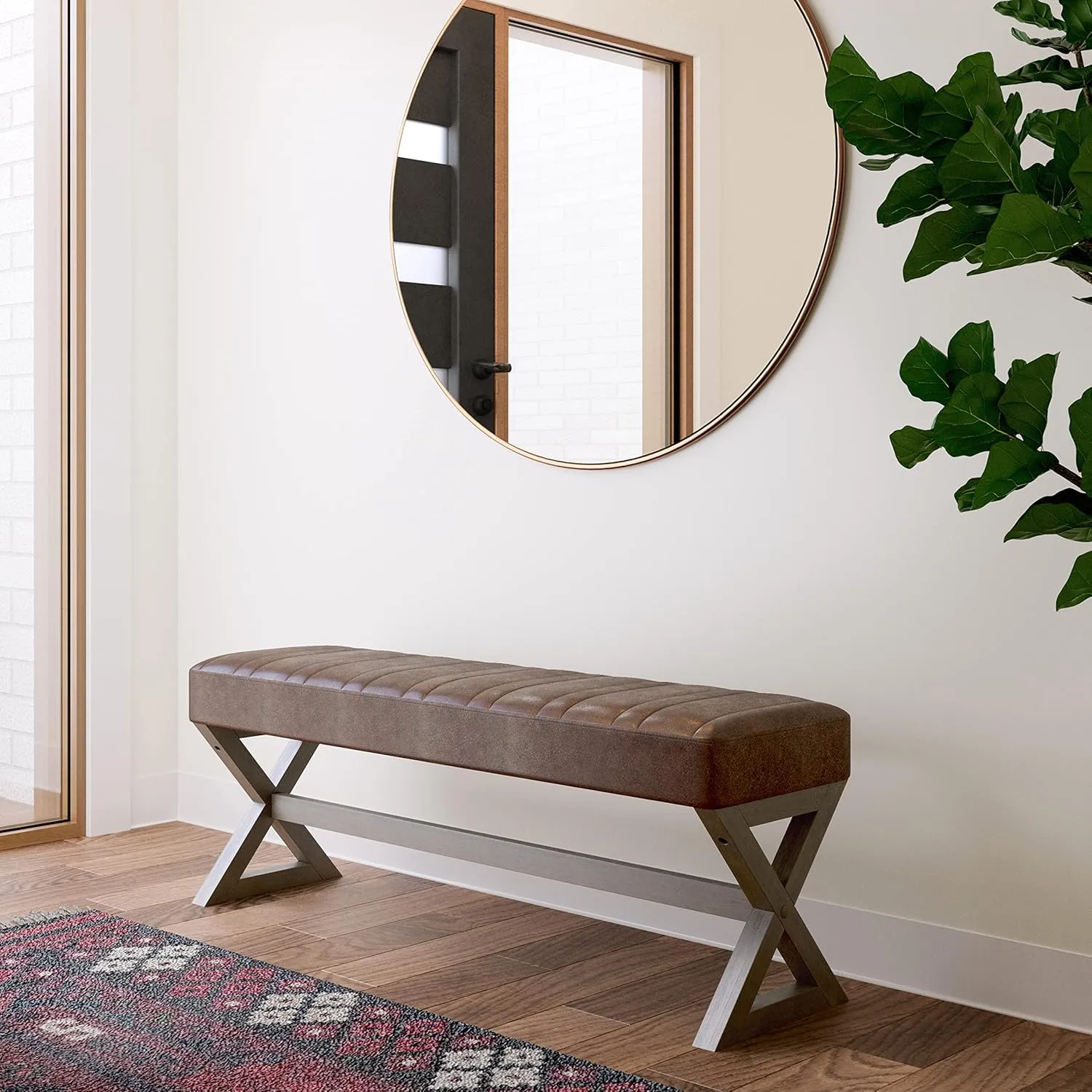SIMPLIHOME Salinger 48 inch Wide Contemporary Modern Rectangle Ottoman Bench in Distressed Chestnut Brown Vegan Faux Leather, Assembled, For the Living Room and Bedroom