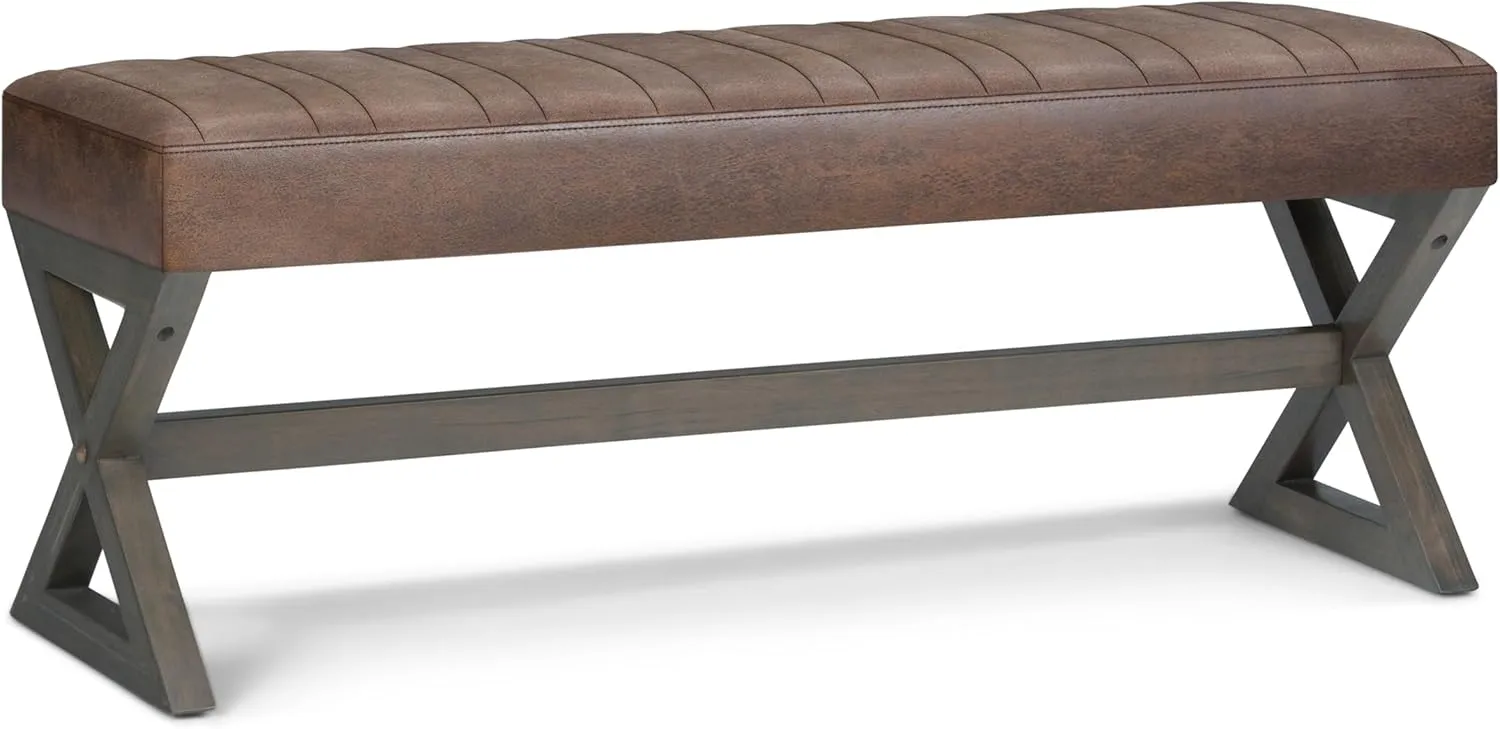 SIMPLIHOME Salinger 48 inch Wide Contemporary Modern Rectangle Ottoman Bench in Distressed Chestnut Brown Vegan Faux Leather, Assembled, For the Living Room and Bedroom