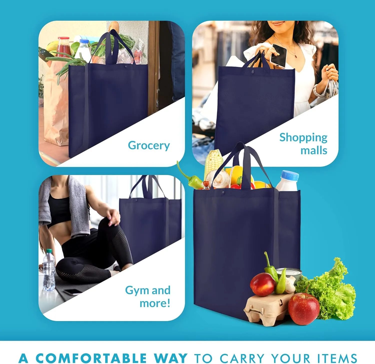 Simply Green Solutions - Reusable Grocery Bags, Durable Large Tote Bags, Shopping Bags for Groceries, Utility Tote, Reusable Gift Bags With Handles, 14 x 16.5 x 6, Pack of 10, Navy Blue