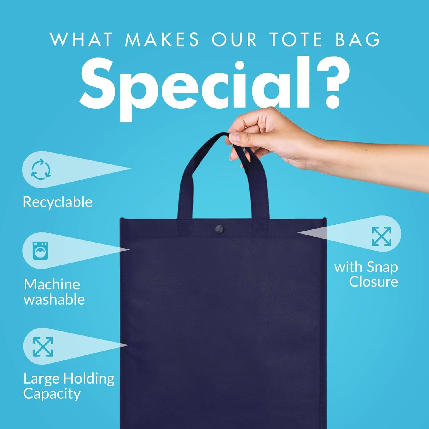 Simply Green Solutions - Reusable Grocery Bags, Durable Large Tote Bags, Shopping Bags for Groceries, Utility Tote, Reusable Gift Bags With Handles, 14 x 16.5 x 6, Pack of 10, Navy Blue