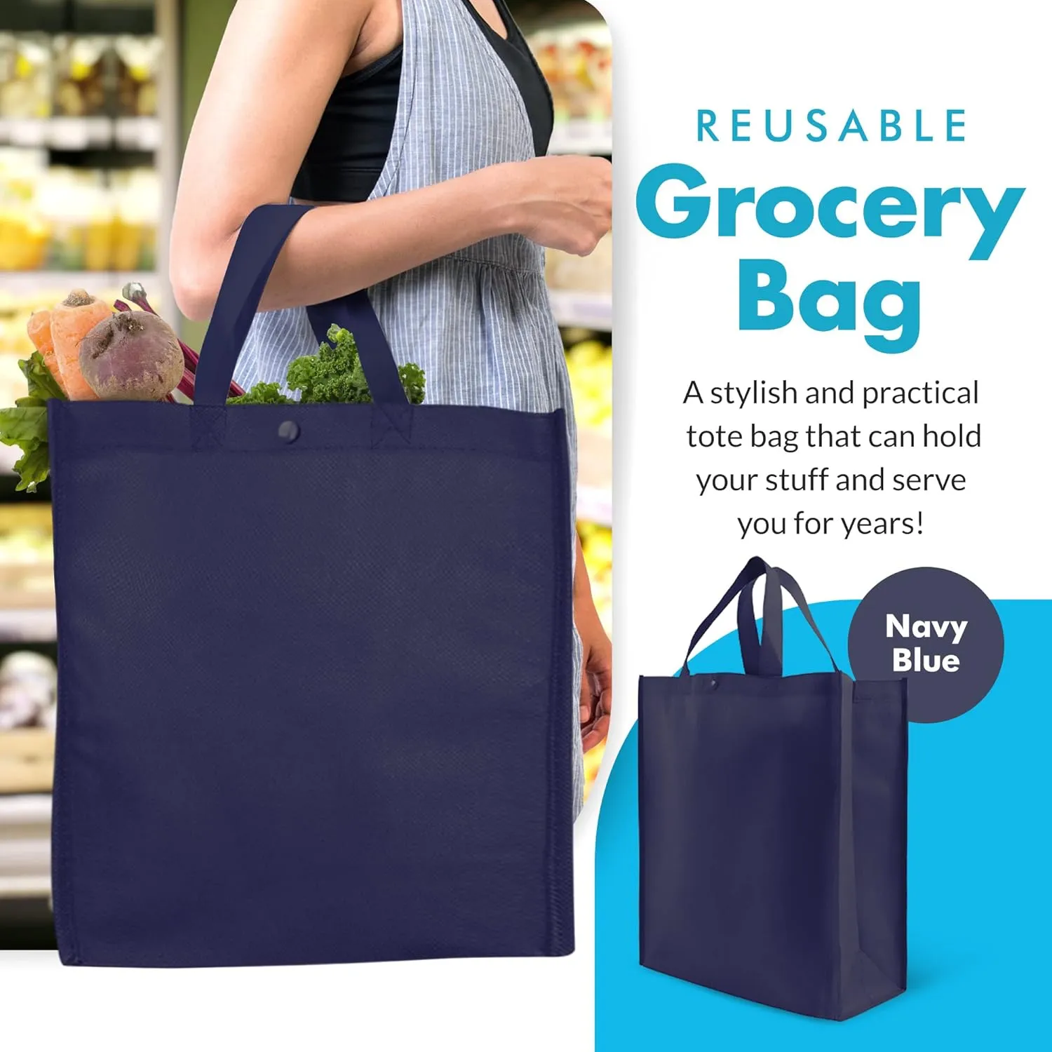Simply Green Solutions - Reusable Grocery Bags, Durable Large Tote Bags, Shopping Bags for Groceries, Utility Tote, Reusable Gift Bags With Handles, 14 x 16.5 x 6, Pack of 10, Navy Blue