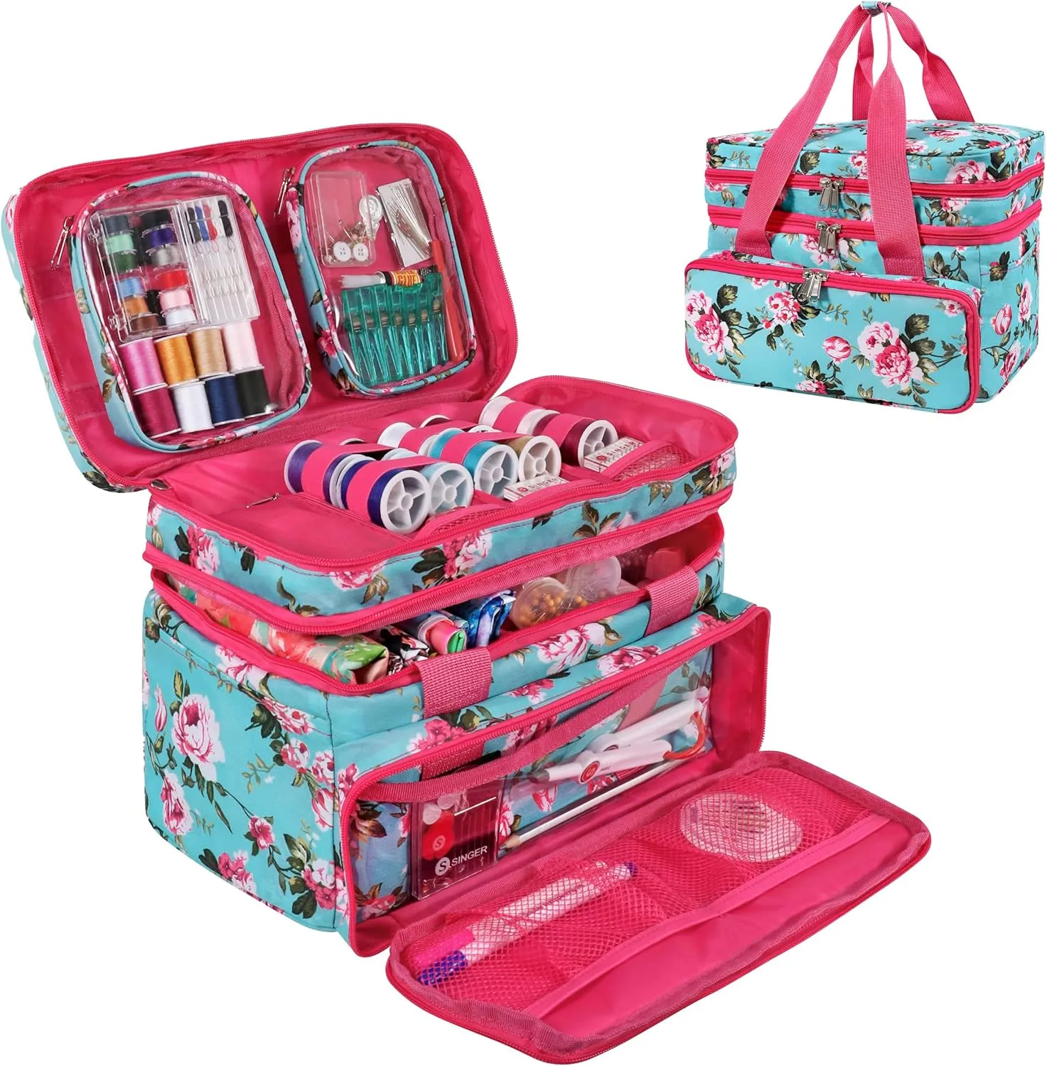 SINGER Sewing Accessories Organizer (Bag Only) – Double Layer Portable Sewing Storage Bag | 2 Detachable Pouches and 18 Compartments, Large Sewing Supplies & Crafting Carry-All (Turquoise Floral)