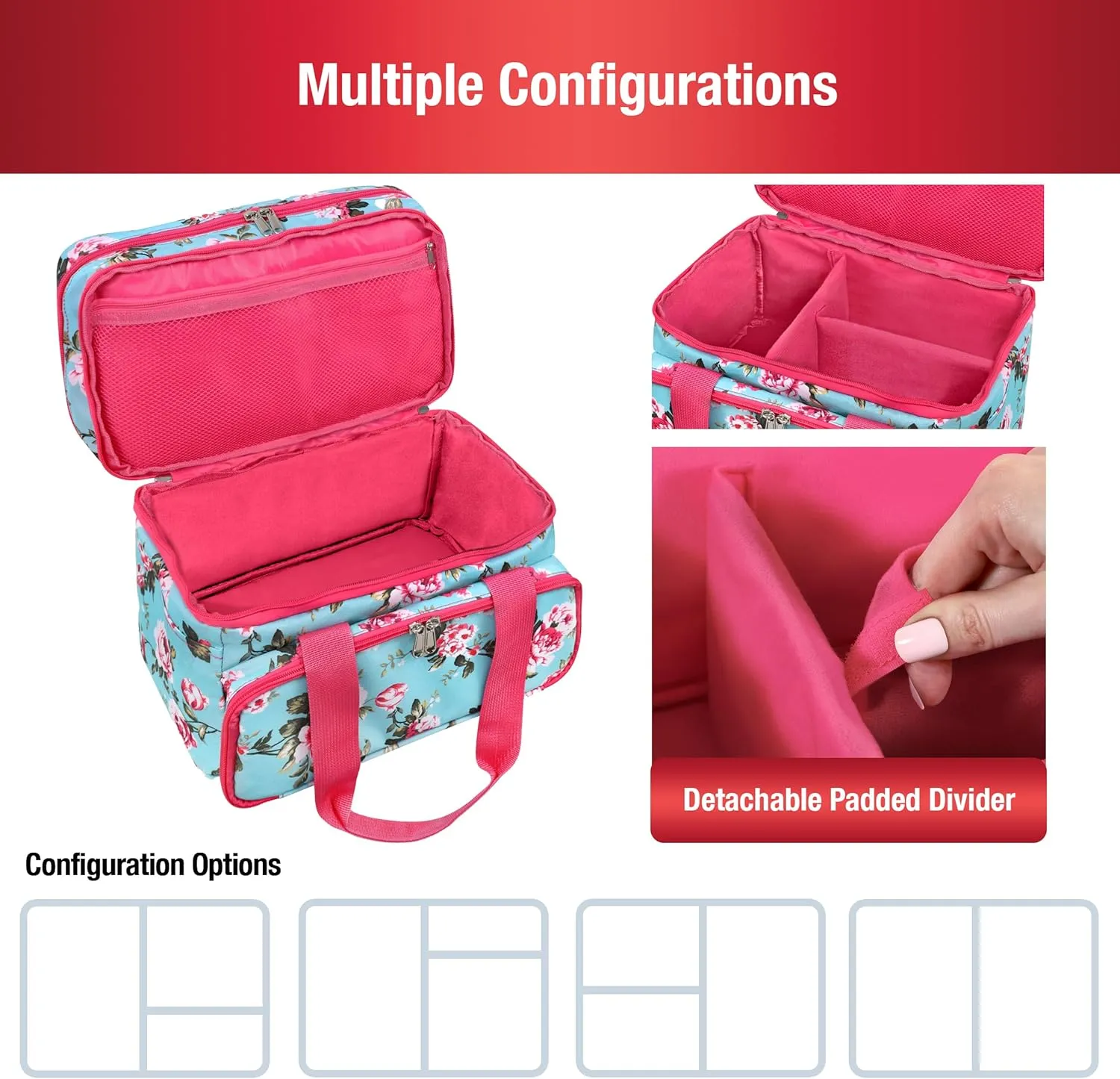 SINGER Sewing Accessories Organizer (Bag Only) – Double Layer Portable Sewing Storage Bag | 2 Detachable Pouches and 18 Compartments, Large Sewing Supplies & Crafting Carry-All (Turquoise Floral)