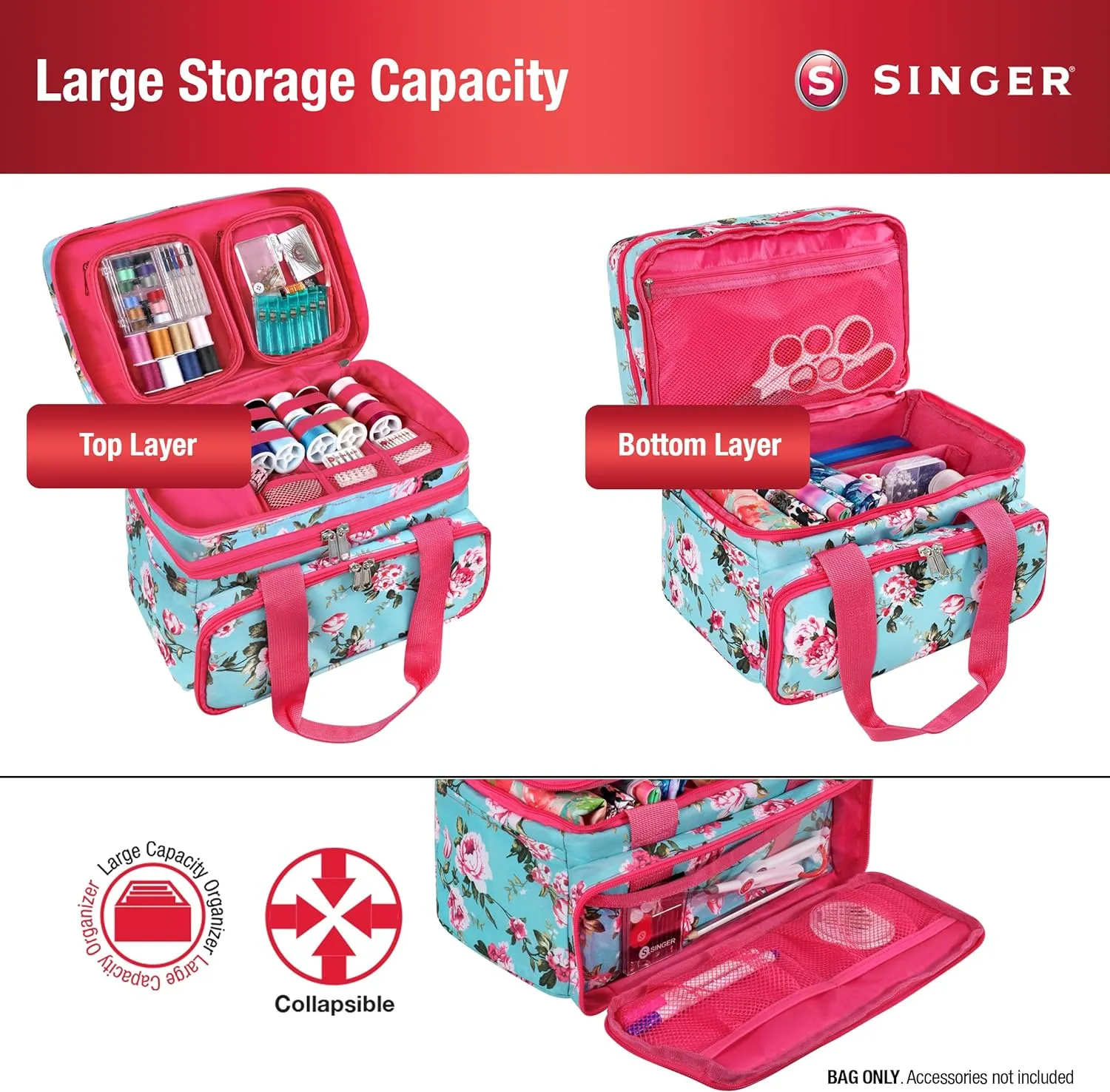 SINGER Sewing Accessories Organizer (Bag Only) – Double Layer Portable Sewing Storage Bag | 2 Detachable Pouches and 18 Compartments, Large Sewing Supplies & Crafting Carry-All (Turquoise Floral)