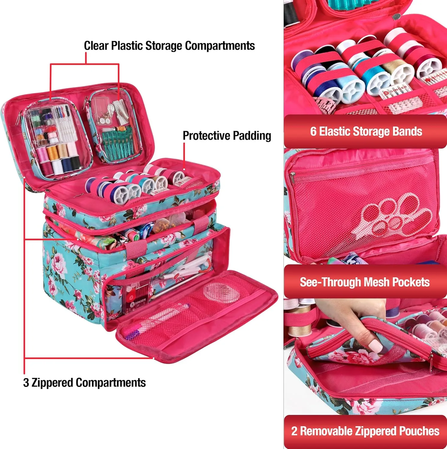 SINGER Sewing Accessories Organizer (Bag Only) – Double Layer Portable Sewing Storage Bag | 2 Detachable Pouches and 18 Compartments, Large Sewing Supplies & Crafting Carry-All (Turquoise Floral)