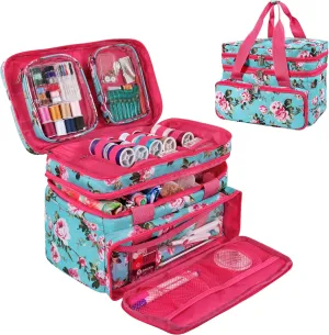 SINGER Sewing Accessories Organizer (Bag Only) – Double Layer Portable Sewing Storage Bag | 2 Detachable Pouches and 18 Compartments, Large Sewing Supplies & Crafting Carry-All (Turquoise Floral)