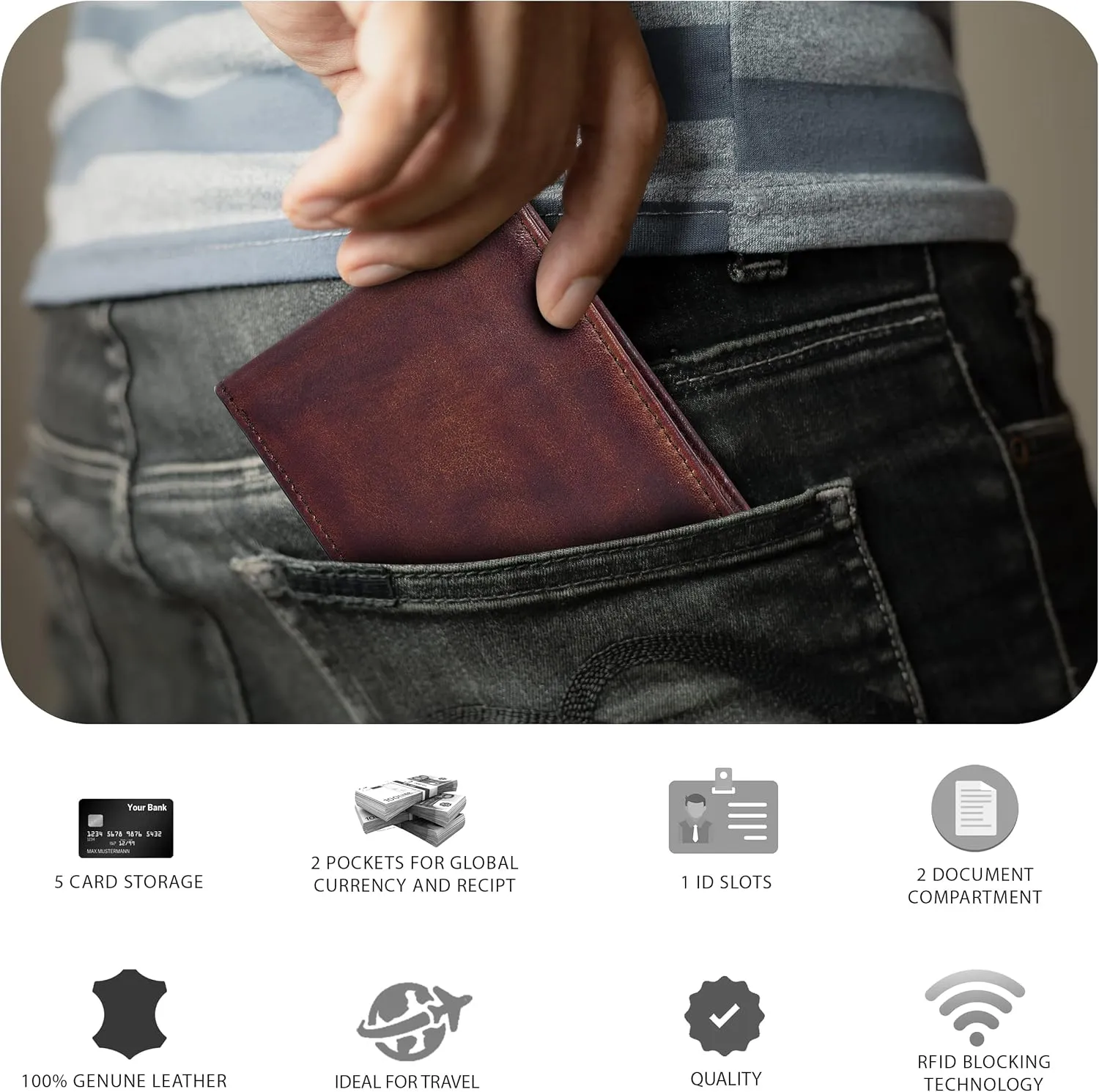 Slim Leather Wallet for Men - RFID Blocking Slim Minimalist Front Pocket - Thin & Stylish with ID Window, Gift For Men