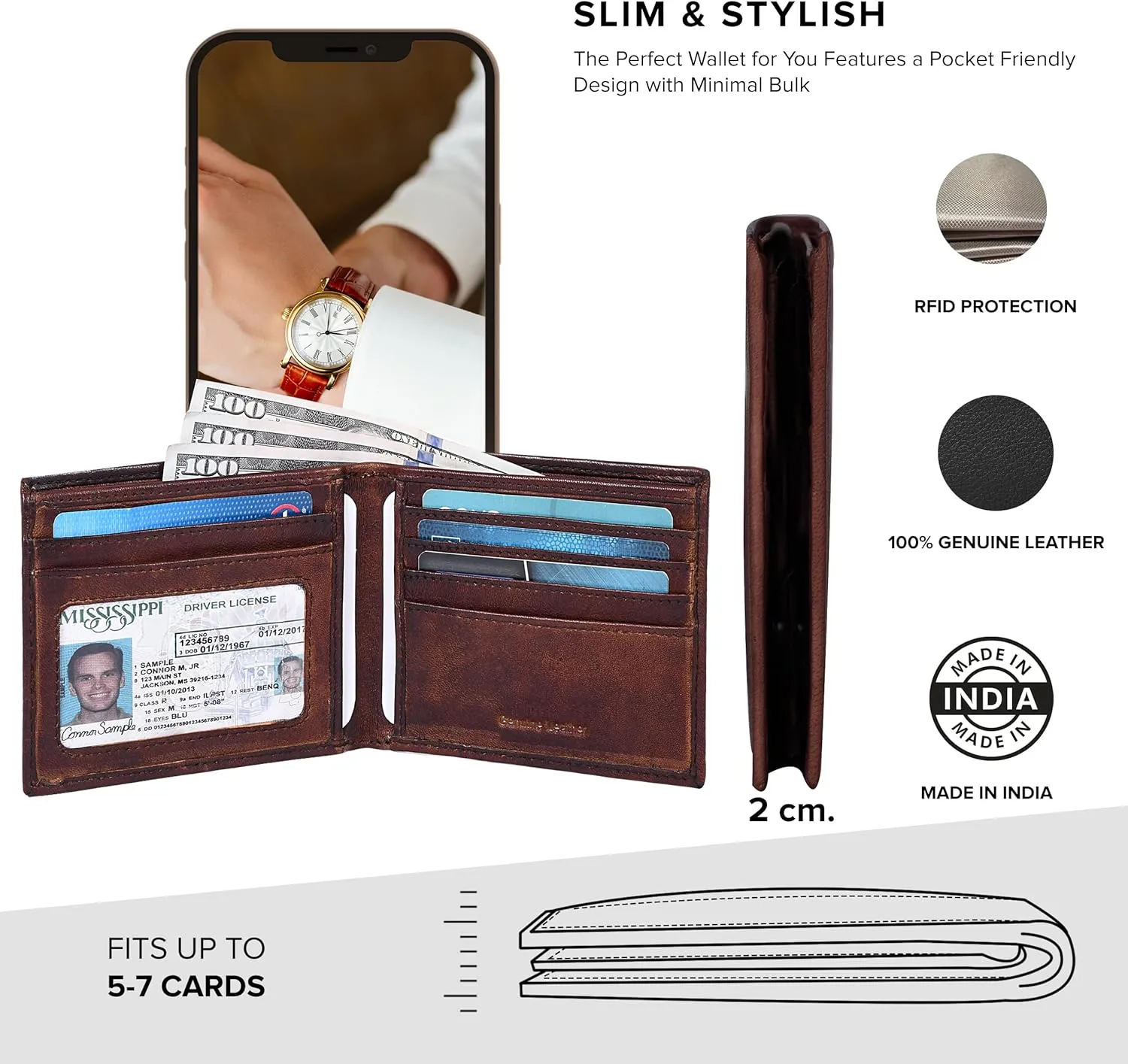 Slim Leather Wallet for Men - RFID Blocking Slim Minimalist Front Pocket - Thin & Stylish with ID Window, Gift For Men