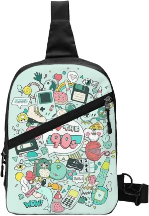 Small Crossbody Sling Backpack Anti Theft Backpack For Traveling Chest I Love The 90s Illustration Shoulder Bag For Men Women