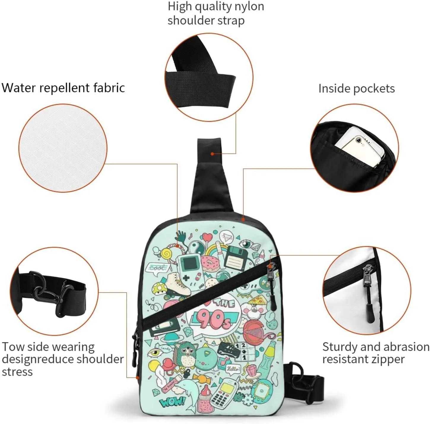 Small Crossbody Sling Backpack Anti Theft Backpack For Traveling Chest I Love The 90s Illustration Shoulder Bag For Men Women
