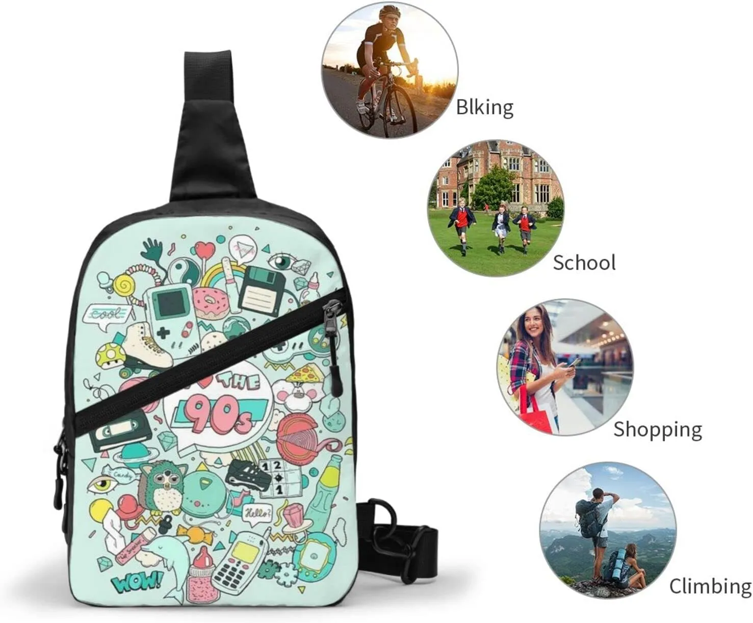 Small Crossbody Sling Backpack Anti Theft Backpack For Traveling Chest I Love The 90s Illustration Shoulder Bag For Men Women