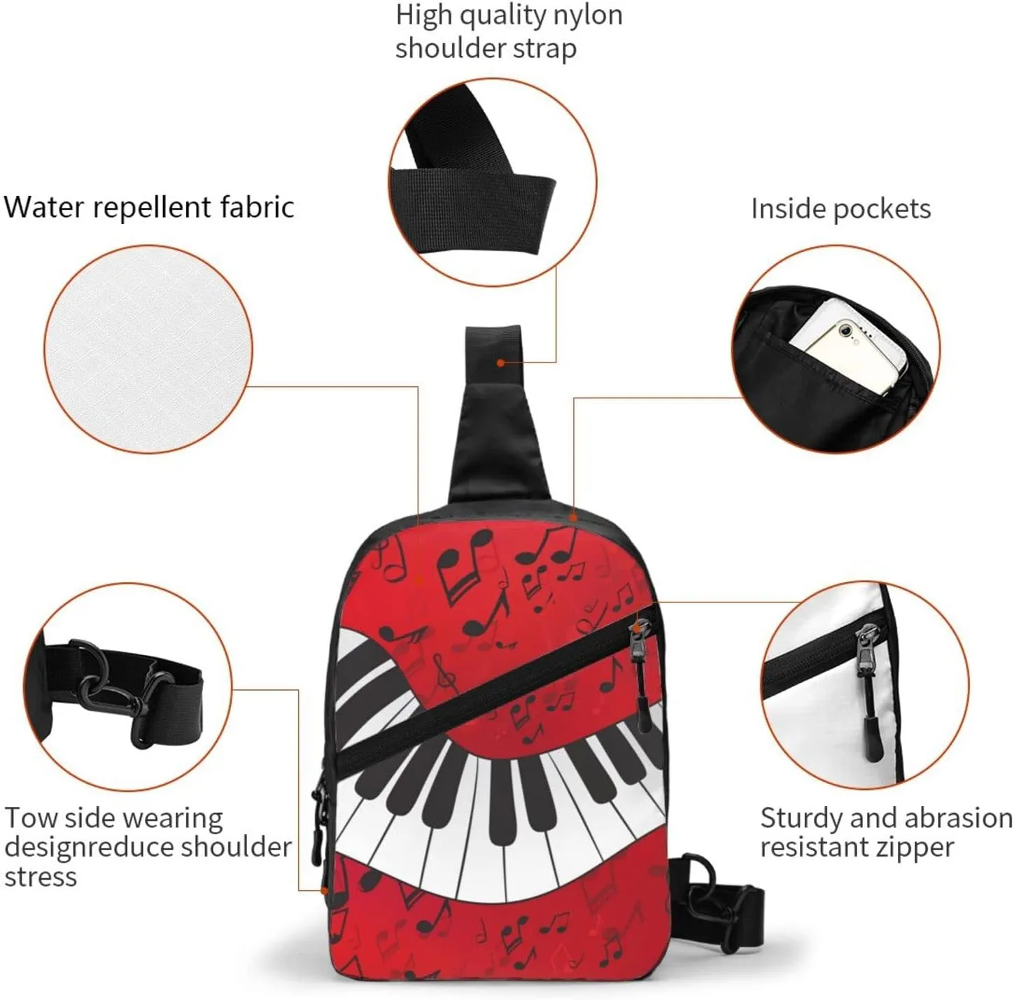 Small Crossbody Sling Backpack Anti Theft Backpack For Traveling Chest Music Note Piano Shoulder Bag For Men Women