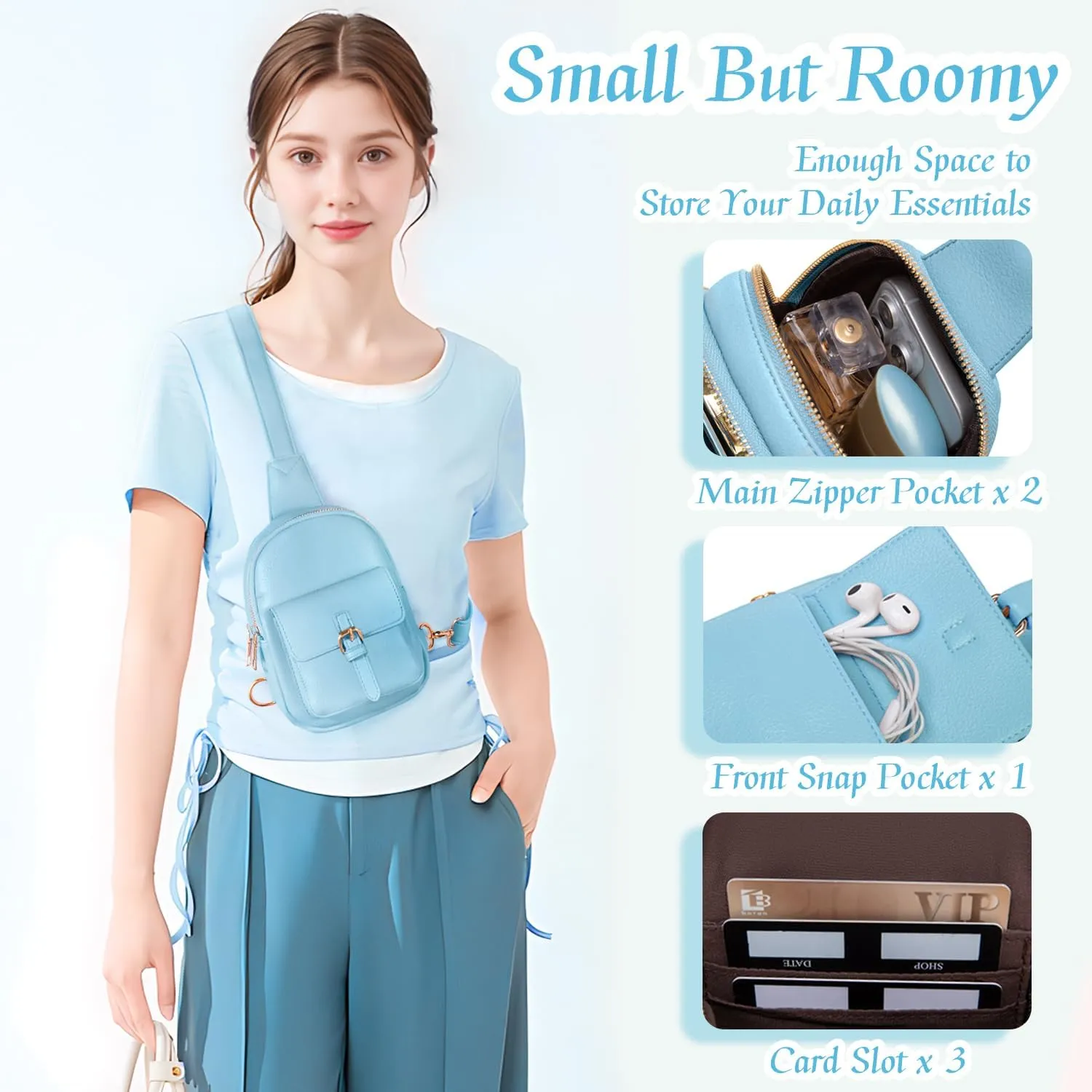 Small Sling Bag Fanny Pack for Girls Vegan Leather 3 Pockets Crossbody Purse for Women Gift for Teen Girls Stuff
