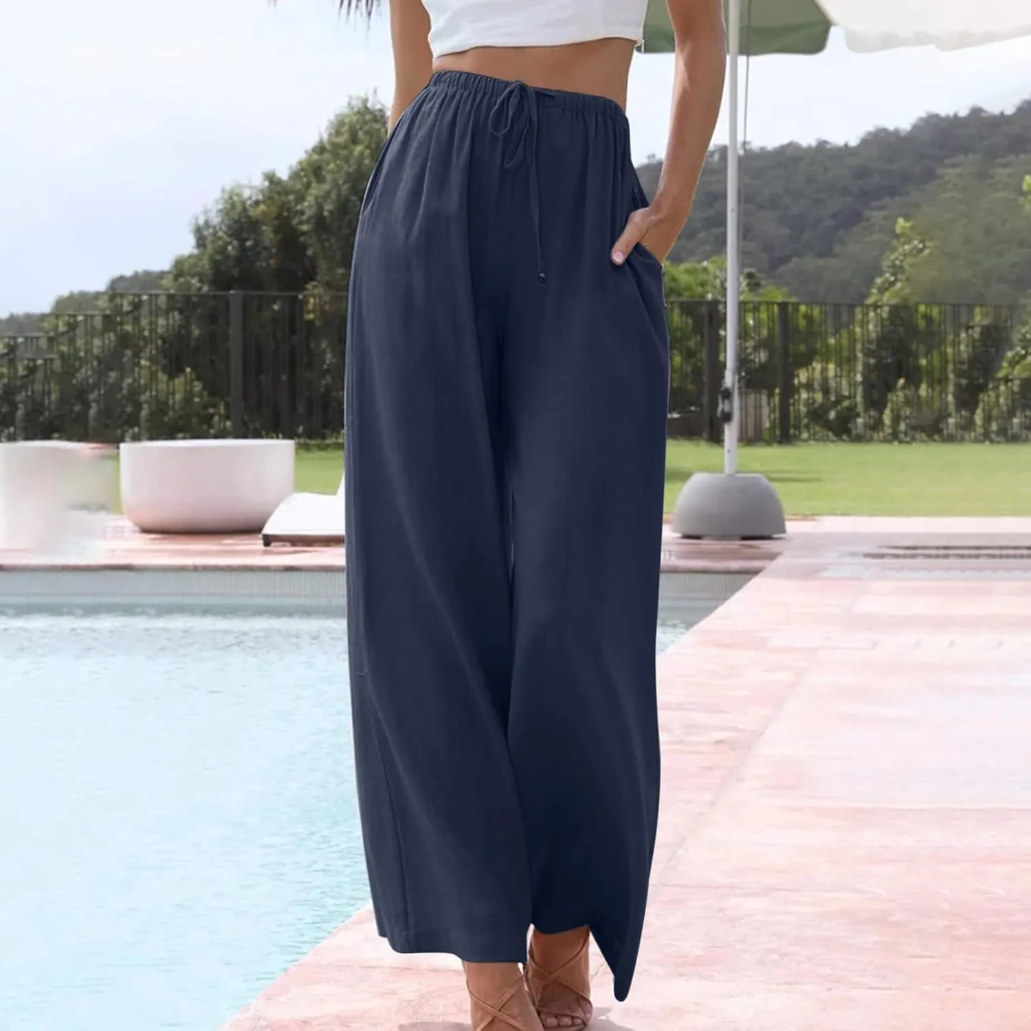 SMIDOW Linen Pants for Women Casual Loose High Waist Drawstring Trousers Wide Leg Baggy Long Pant with Pockets