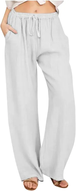 SMIDOW Summer Pants for Women 2023 Cotton Linen Elastic Waist Drawstring Wide Leg Ankle Length Lounge Pant with Pockets