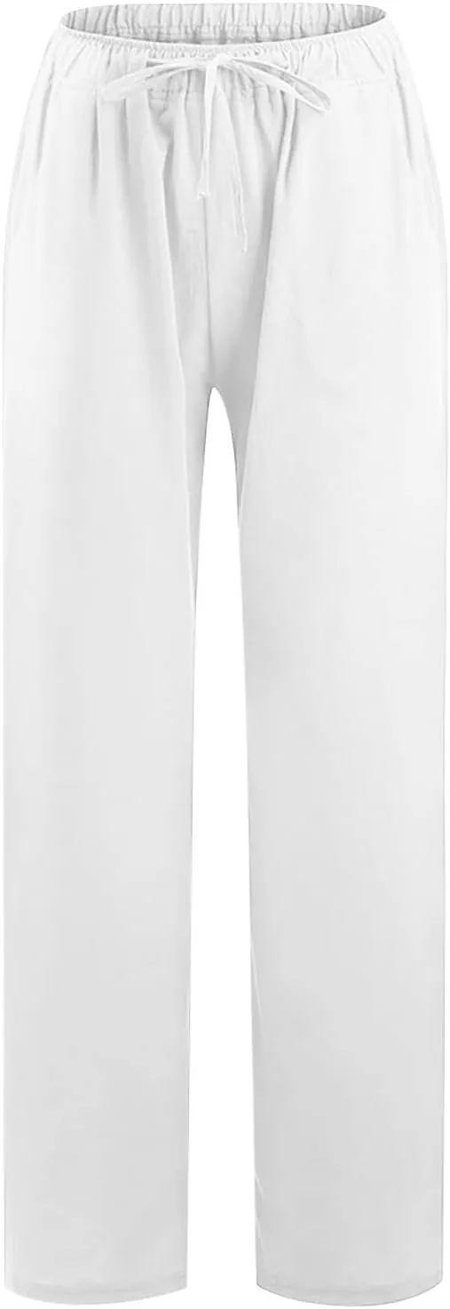 SMIDOW Summer Pants for Women 2023 Cotton Linen Elastic Waist Drawstring Wide Leg Ankle Length Lounge Pant with Pockets