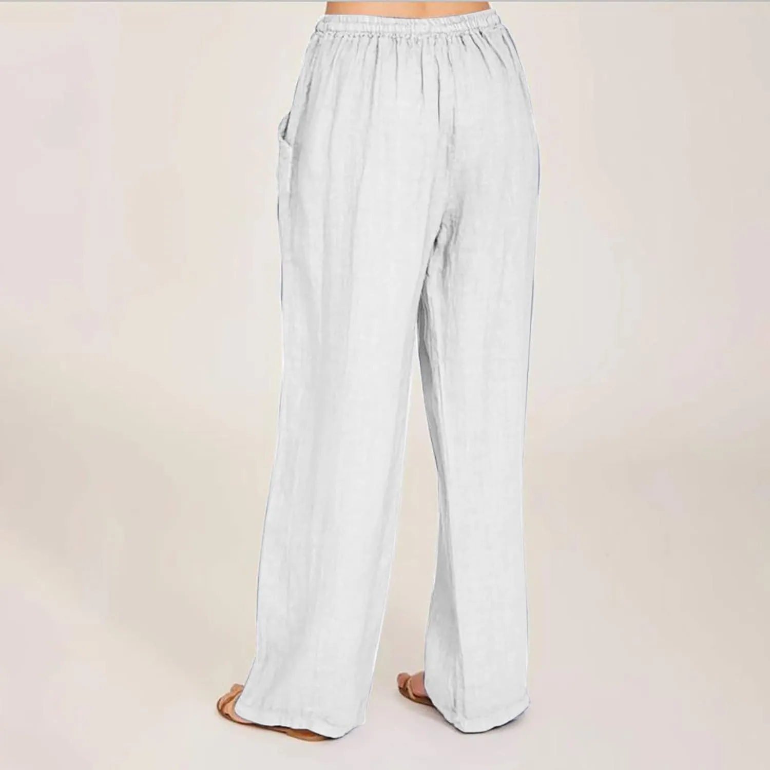 SMIDOW Summer Pants for Women 2023 Cotton Linen Elastic Waist Drawstring Wide Leg Ankle Length Lounge Pant with Pockets