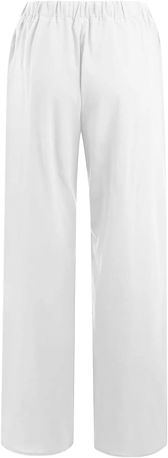 SMIDOW Summer Pants for Women 2023 Cotton Linen Elastic Waist Drawstring Wide Leg Ankle Length Lounge Pant with Pockets
