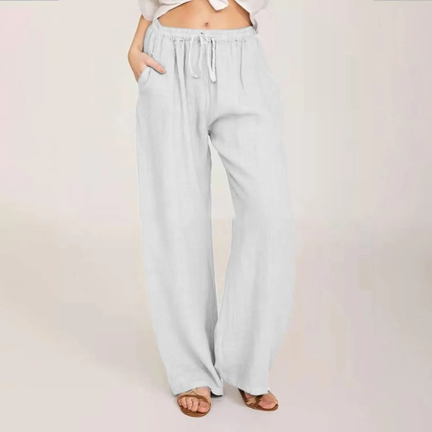 SMIDOW Summer Pants for Women 2023 Cotton Linen Elastic Waist Drawstring Wide Leg Ankle Length Lounge Pant with Pockets