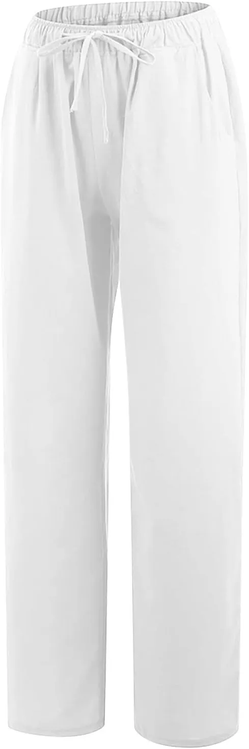 SMIDOW Summer Pants for Women 2023 Cotton Linen Elastic Waist Drawstring Wide Leg Ankle Length Lounge Pant with Pockets