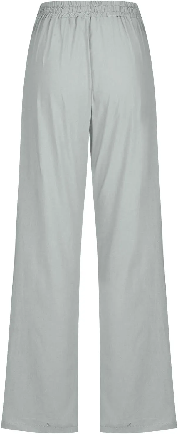 SMIDOW Womens Casual Straight Leg Pants Drawstring Elastic High Waisted Cotton Linen Pant Lounge Trousers Relax Fit