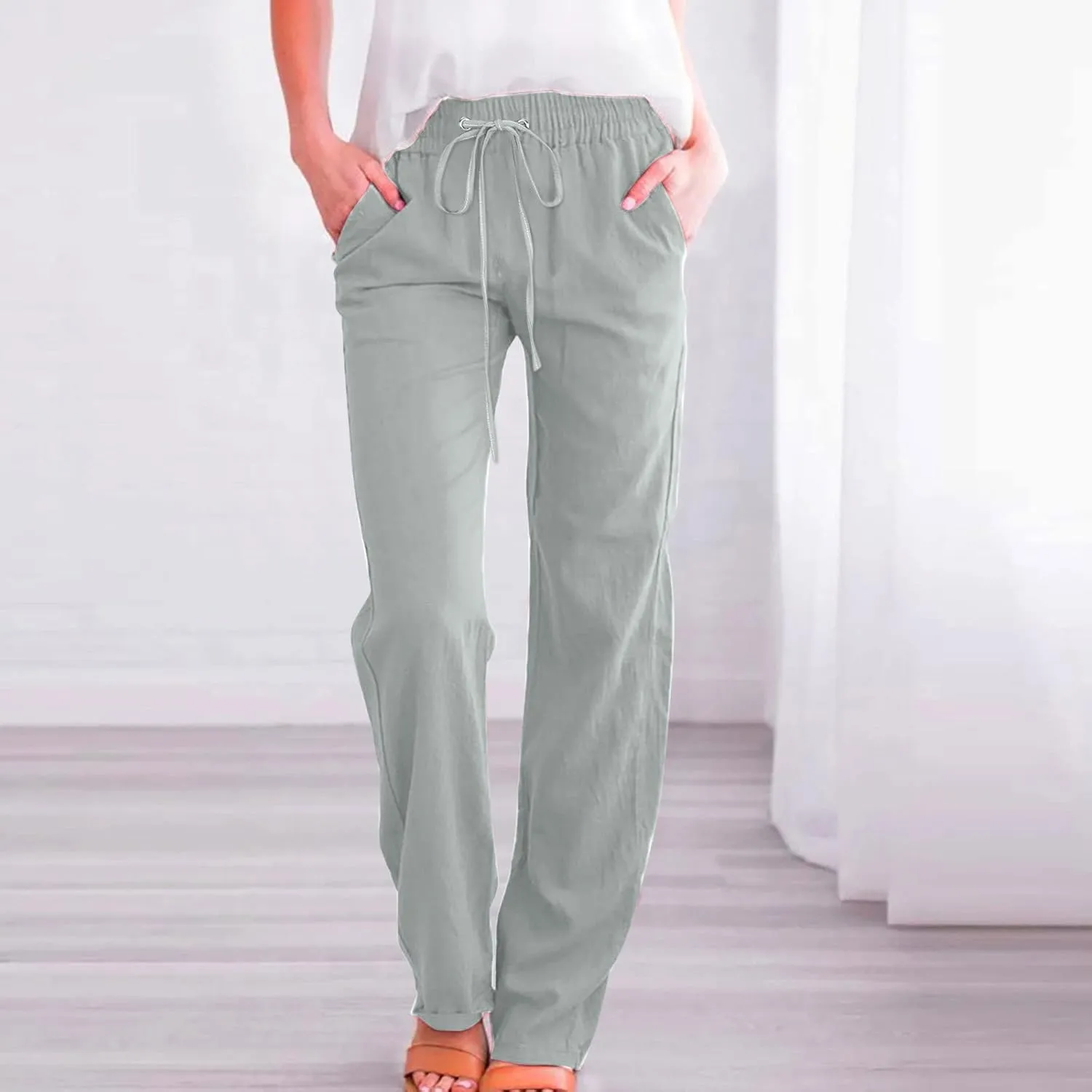 SMIDOW Womens Casual Straight Leg Pants Drawstring Elastic High Waisted Cotton Linen Pant Lounge Trousers Relax Fit