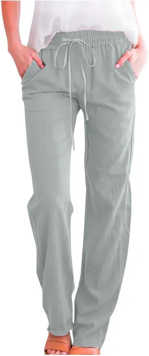 SMIDOW Womens Casual Straight Leg Pants Drawstring Elastic High Waisted Cotton Linen Pant Lounge Trousers Relax Fit