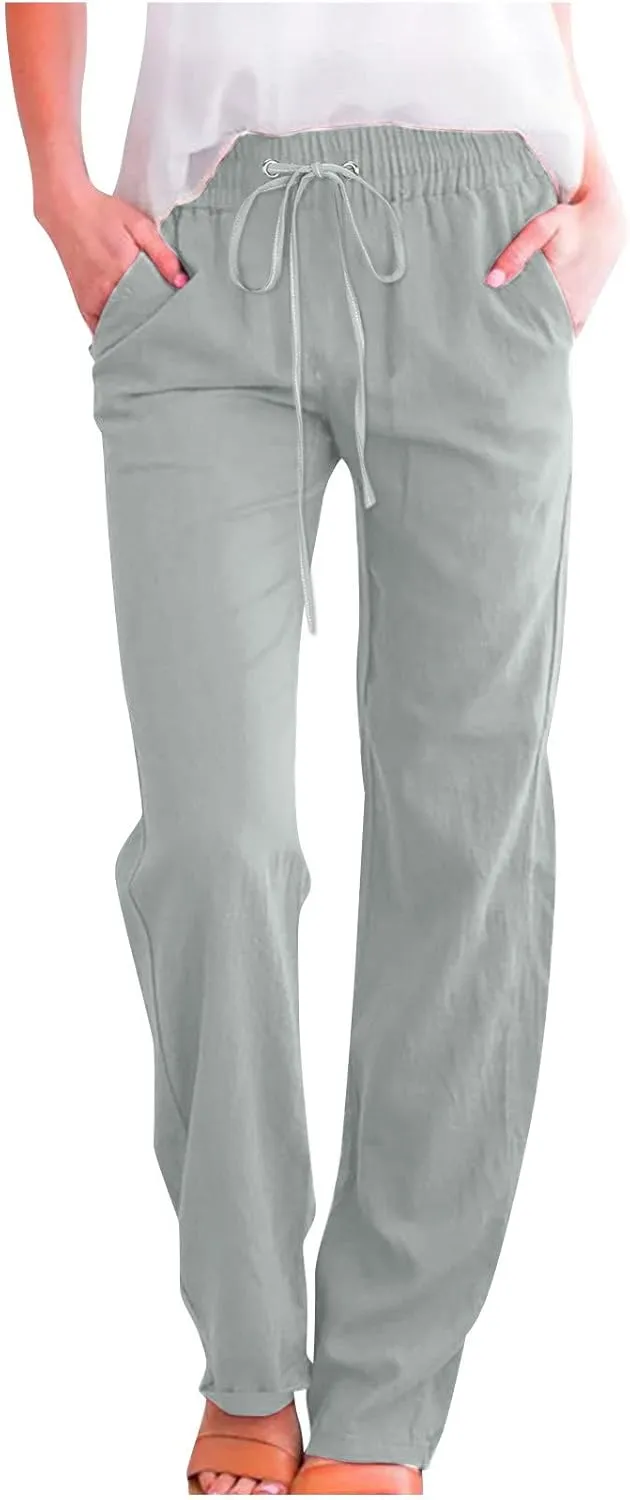 SMIDOW Womens Casual Straight Leg Pants Drawstring Elastic High Waisted Cotton Linen Pant Lounge Trousers Relax Fit