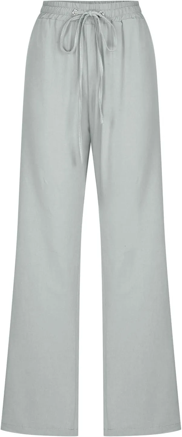SMIDOW Womens Casual Straight Leg Pants Drawstring Elastic High Waisted Cotton Linen Pant Lounge Trousers Relax Fit