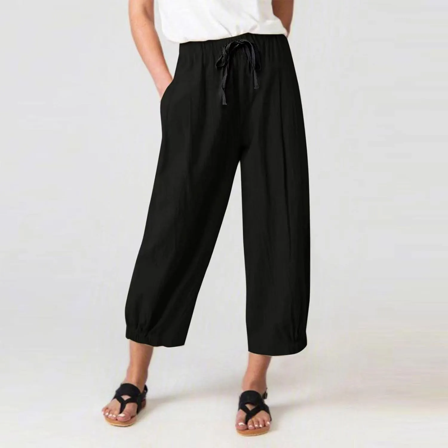 SMIDOW Womens Cotton and Linen Pants Drawstring High Waisted Wide Leg Pant Casual Loose Cropped Trousers with Pockets