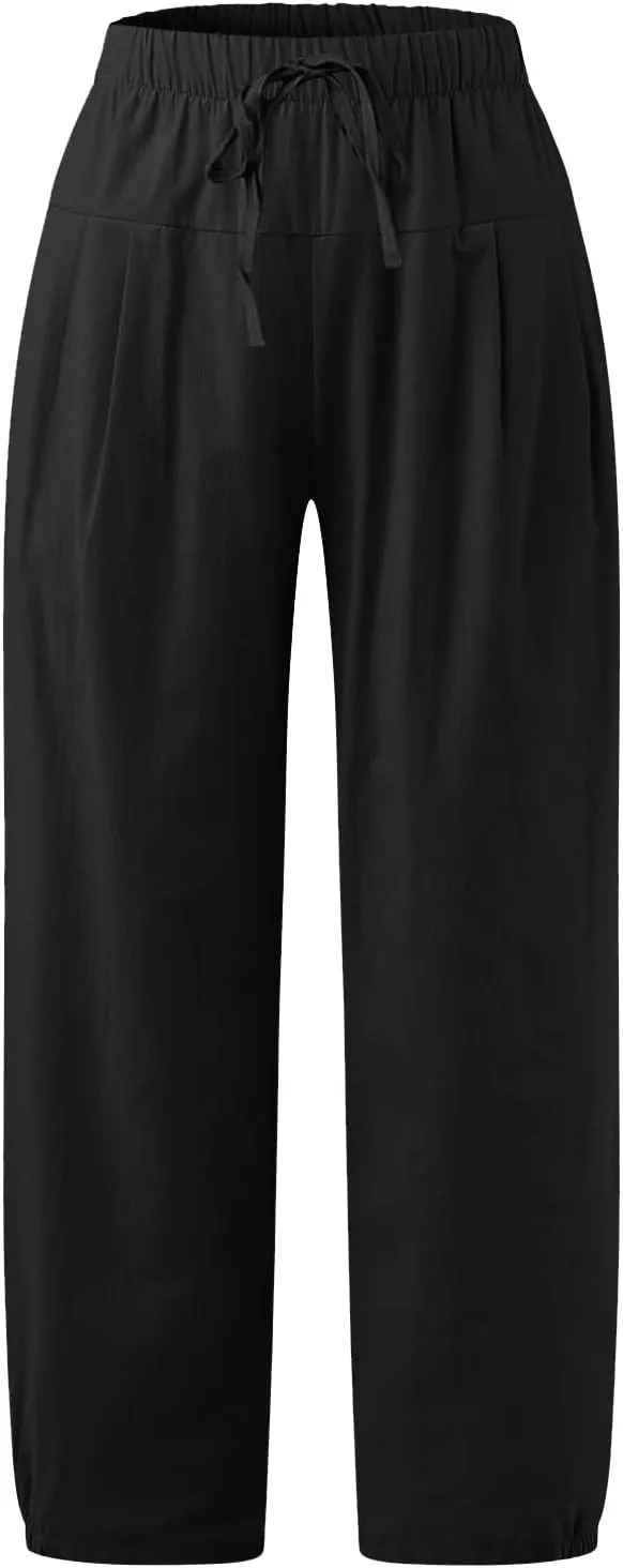 SMIDOW Womens Cotton and Linen Pants Drawstring High Waisted Wide Leg Pant Casual Loose Cropped Trousers with Pockets