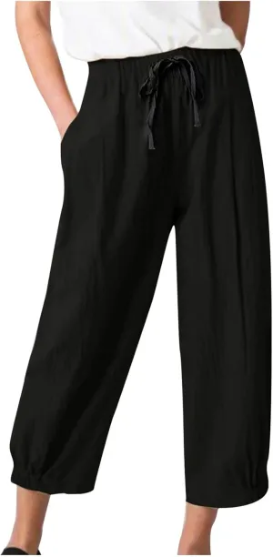 SMIDOW Womens Cotton and Linen Pants Drawstring High Waisted Wide Leg Pant Casual Loose Cropped Trousers with Pockets