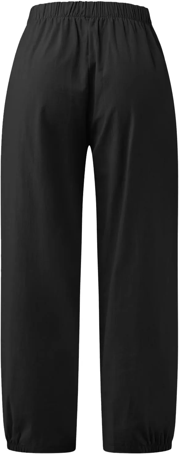 SMIDOW Womens Cotton and Linen Pants Drawstring High Waisted Wide Leg Pant Casual Loose Cropped Trousers with Pockets