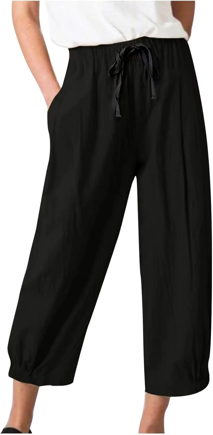 SMIDOW Womens Cotton and Linen Pants Drawstring High Waisted Wide Leg Pant Casual Loose Cropped Trousers with Pockets