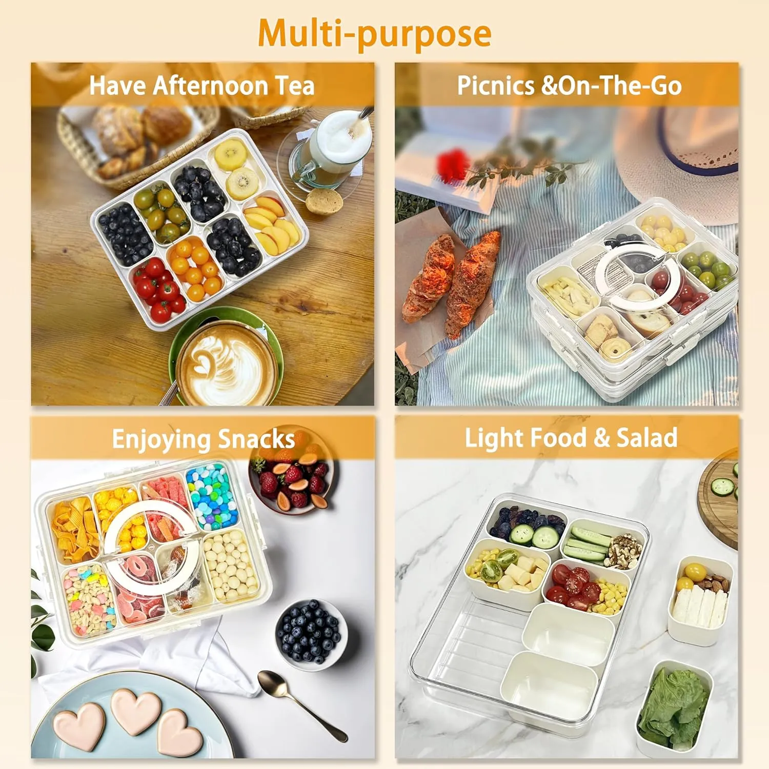 Snackle Box Container,Divided Serving Tray With Lid and Handle,Snack Box Storage Organizer For Fruits,Candy,Nuts,Charcuterie,Veggie-Platter For Picnic,Travel,Party,Entertainment