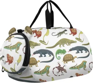 Snakes Lizard Frog and Turtle Animals Pattern Sports Duffle Bag for Girls Boys, Gym Bag with Shoe Compartment, Kids Travel Overnight Weekender Shoulder Bag