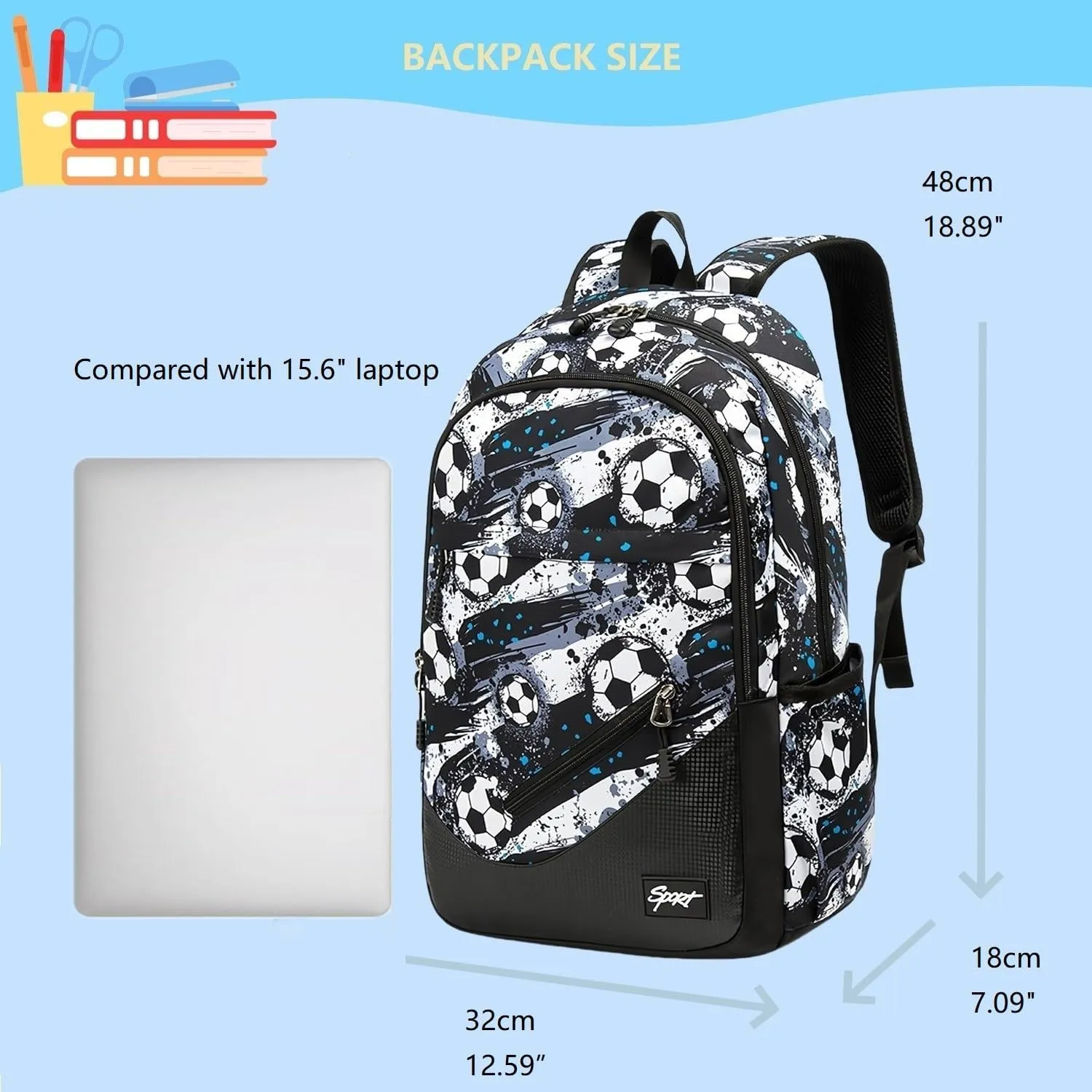 Soccer-Print Boys Backpack for School Kids Bookbag for Elementary School Football School Bag for Teens